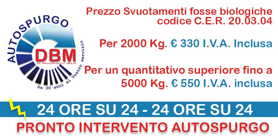 Prezzo Autospurgo Roma Il prezzo per uno svuotamento di una fossa biologica a Roma è qui indicato Svuotamenti fosse biologiche codice C.E.R. 20.03.04 Per 2000 Kg. € 330 I.V.A. Inclusa Per un quantitativo superiore fino a 5000 Kg. € 550 I.V.A. inclusa